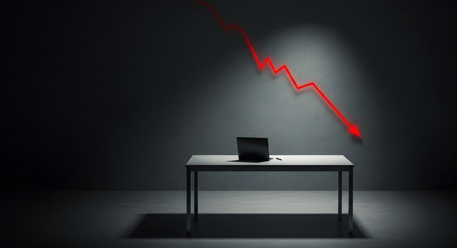 Economic downturn concept with red arrow pointing downwards, laptop on desk symbolizing financial crisis, business failure, recession impact