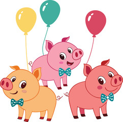 Cute Cartoon Pig Trio with Bowties. Playful Pink Pig Illustration. Festive Pigs and Balloons Party Art.
