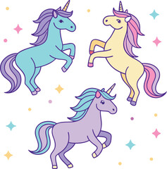 Whimsical Unicorn Illustration Trio. Playful Pastel Unicorn Art. Magical Unicorn and Stars Sticker Design.
