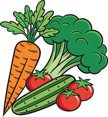 Vibrant Fresh Vegetable Illustration. Colorful Carrot Broccoli Cucumber Tomato Graphic. Healthy Food Flat Lay Art.
