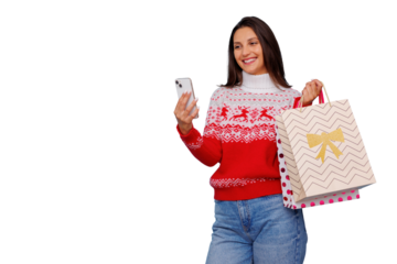 Woman shopping for christmas gifts, holding mobile phone and festive shopping bags, transparent background