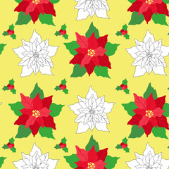 Seamless poinsettia flower vector pattern with red petals and green leaves. Perfect for Christmas cards, gift wrap, festive invitations, and seasonal backgrounds.