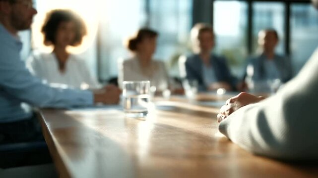 group of diverse MBA professionals collaborating on case study around large wooden table natural daylight streaming soft chatter of brainstorming three quarter wide angle