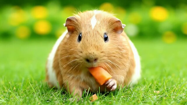 Adorable guinea pig enjoying a fresh carrot outdoors on lush green grass with a blurred background