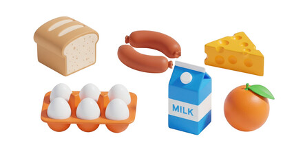 Assorted food items including bread milk eggs cheese and sausages isolated on a transparent background