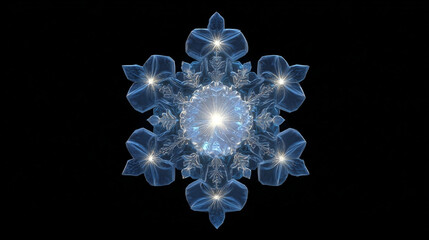 Against a stark black background, a symmetrical snowflake design takes center stage. The snowflake features six points, each resembling a stylized flower with a bright spot at its center