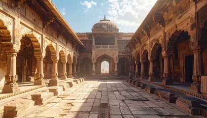 Ancient Sandstone Courtyard Architecture With Arches and Dome Under a Clear Blue Sky With Light Streaks