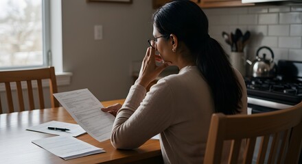 Thoughtful woman reviewing financial documents at home, contemplating decisions, assessing paperwork, and analyzing reports in her kitchen, planning carefully