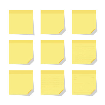 Collection of various yellow sticky notes with different ruling and designs. 