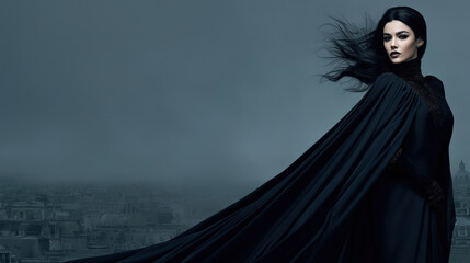 Powerful, mysterious woman in dramatic flowing black dress stands against dark fantasy cityscape. Her long hair and gown flow in wind creating an epic scene