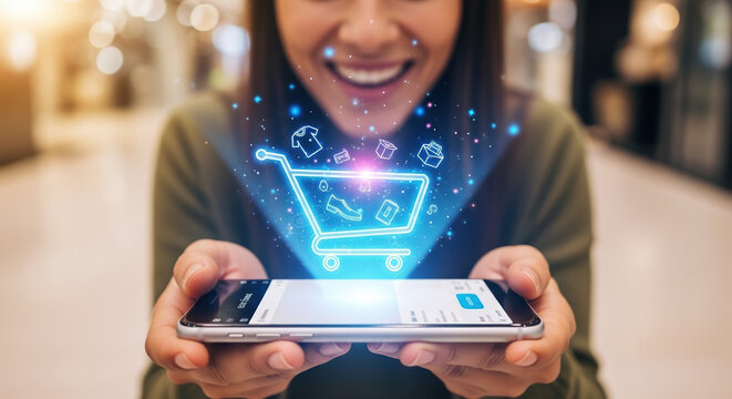 Happy woman using smartphone with holographic shopping cart, concept of online shopping, e commerce, digital retail, mobile app purchases, internet commerce and modern consumer technology