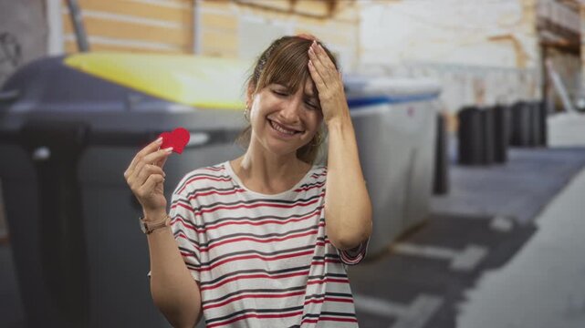 Woman holding a small red felt heart in one hand while pressing her forehead with the other hand on a street beside recycling containers and trash bins; heartbreak.