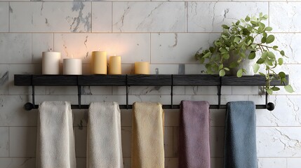 Relaxing and Elegant Bathroom Interior with Rustic Shelf and Marble Tile