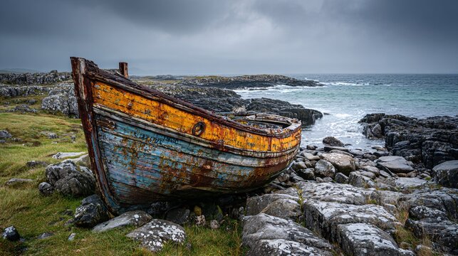 Old rusty fishing boat abandoned near rocky shore with cloudy sky - Powered by Adobe