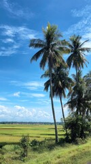 Tropical scene with coconut palms, rice fields, and a bright blue sky