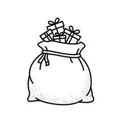 Holiday Vector Illustration of a Gift Sack with Presents in a Simple Black and White Style