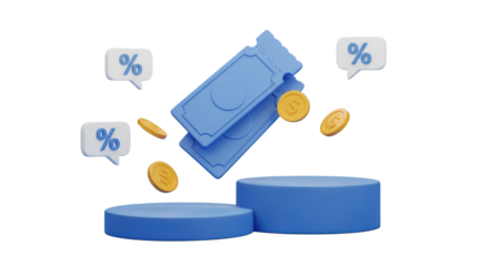 Blue discount tickets and gold coins on pedestals isolated on a transparent background coupon