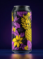 Cold beverage can with refreshing, vibrant, artistic design. packaging features purple blackberry, yellow pineapple, and floral fruit pattern on blue background with condensation