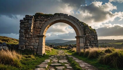 Ancient Stone Archway in Grassy Field with Cloudy Sky and Distant Hills Landscape Path Leading to the Archway Nature and History Serene Scene
