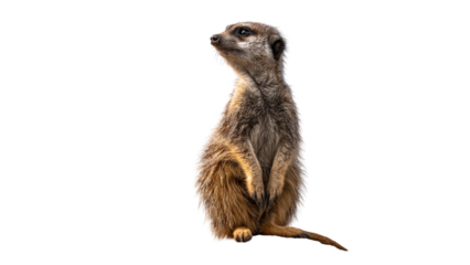 Alert meerkat standing tall on hind legs looking to the side against a dark background