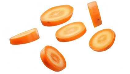 Freshly sliced orange carrots in mid-air. their color and texture. with a clean white background emphasizing their freshness and suitability for culinary use