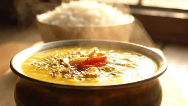 Delicious dal tadka recipe indian lentil soup with rice bowl healthy meal traditional cuisine food video 4k
