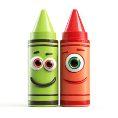 two crayons with eyes and mouth, isolated on a white background.