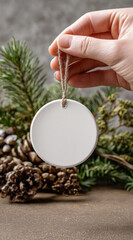 Person hand holding blank round christmas ornament tag mockup. celebratory festive scene with pinecone and fir branches for holiday decoration, showing warmth and joy