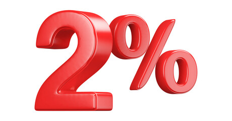 3D Red Two Percent Symbol on White Background for Discounts and Offers