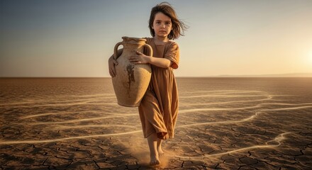 A young girl in a desert landscape carries a large clay jug, walking towards the viewer with determination.