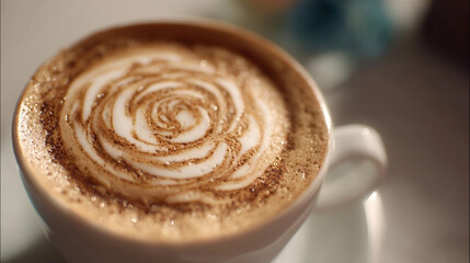 A white cup filled with a beverage sits prominently on a white surface. The drink, presumably coffee based, features a creamy, frothy top adorned with an intricate swirl pattern