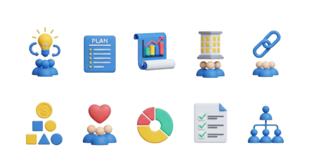 Business icons for planning strategy and teamwork isolated on a transparent background image