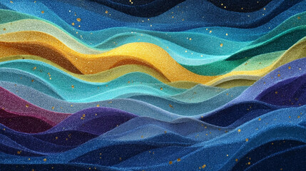 The image presents an abstract arrangement of layered waves. The waves vary in color, transitioning from gold and greens to turquoise and deep blues, suggesting a gradient