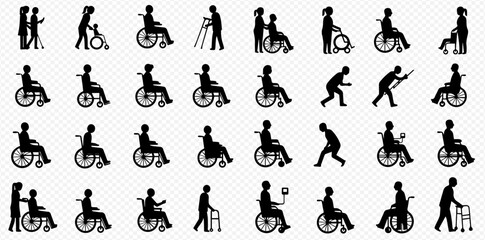A diverse collection of black silhouettes depicting people with disabilities using various mobility aids and receiving assistance.