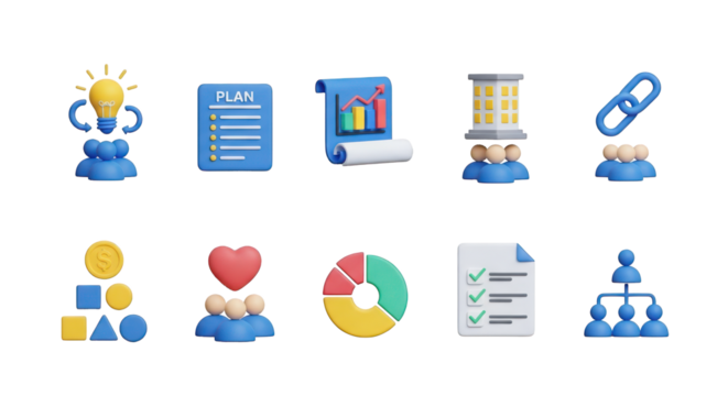 Business icons for planning strategy and teamwork isolated on a transparent background image