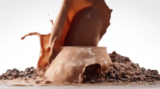 Chocolate drink splash with tapioca balls against a white background