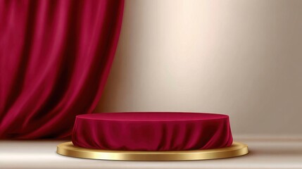 Deep red velvet podium with subtle folds, golden soft light, luxurious minimal background