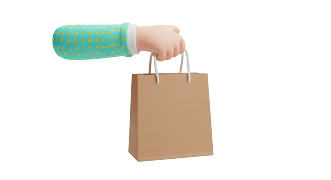 Cartoon hand holding a brown paper shopping bag isolated on a transparent background