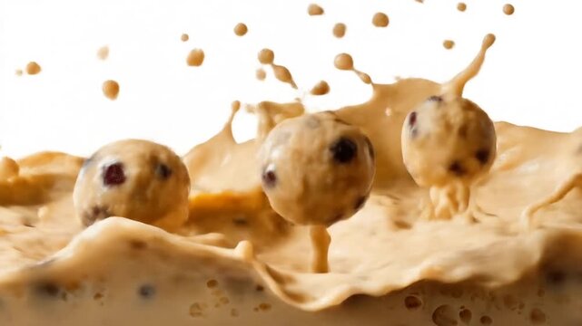 Three cookie dough balls splash into liquid against white background