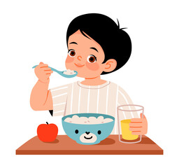 Boy eating porridge and fruit for breakfast. Healthy kids food concepts. Balanced nutrition for child. Flat vector illustration.