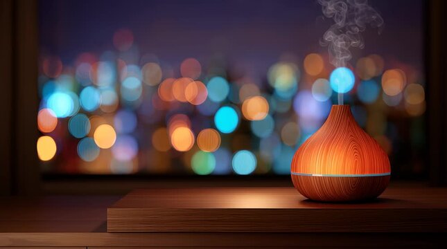 Aroma diffuser with steam and colorful city lights bokeh