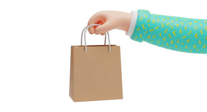 Cartoon hand holding a brown paper shopping bag isolated on a transparent background paper bag