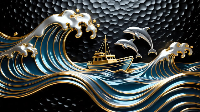 Dolphin and ship in ocean l Wall Decor 