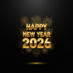 Happy New Year 2026 with Golden Fireworks on Black Background