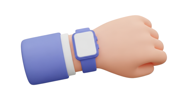 Cartoon hand wearing blue smartwatch and shirt cuff isolated on a transparent background wearable technology