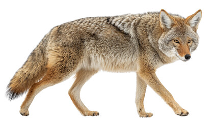 Obraz premium A detailed full body studio portrait of a wild coyote standing alert against a stark black background