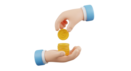 Cartoon hands exchanging gold coins with dollar sign isolated on a transparent background money