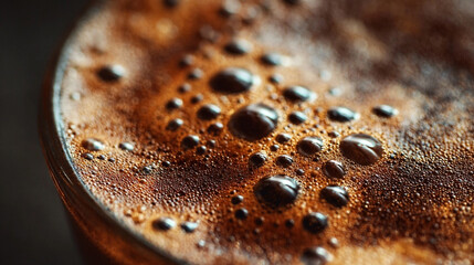 The image presents a close up view of a dark liquid, likely a beverage, featuring an abundant foam layer