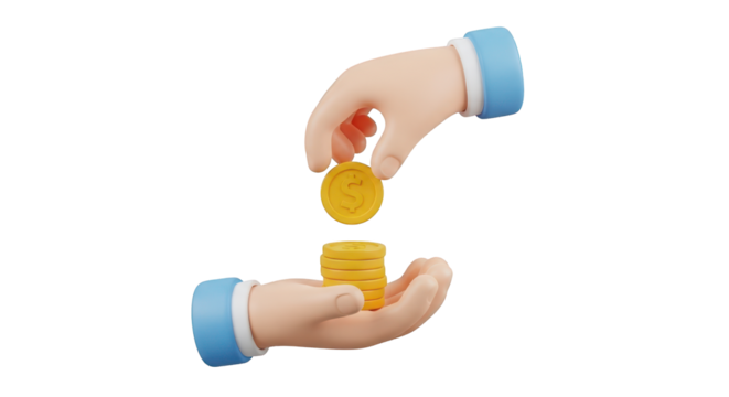 Cartoon hands exchanging gold coins with dollar sign isolated on a transparent background money