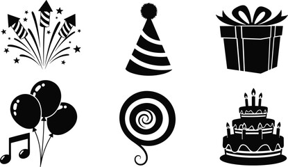 Black and white party celebration icons set, birthday cake, balloons, fireworks, gift box, party hat, music, festive decorations